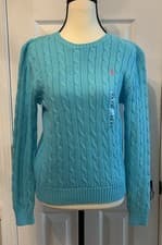 Image of NWOT Polo Ralph Lauren Blue Julianna Cable-Knit Cotton Crew Sweater Women's Size