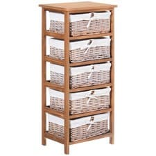 Image of HOMCOM 5 Drawer Dresser Wicker Basket Storage Shelf Unit Wooden Frame Home