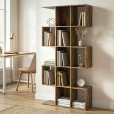 Image of HOMCOM Geometric Bookshelf, 5-Tier S Shaped Bookcase, Rustic Brown Refurbished