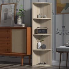 Image of Modern 4 Tier Corner Bookshelf – Beige Wooden Storage Unit & Display Stand