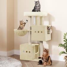Image of Cat Tree Tower Multi Level Sisal Scratching Post 98cm House Caves Grey Unit