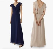 Image of WAREHOUSE Frill Wrap Bridesmaid, Party Dress, Navy Mink Color Sizes 6 to 18