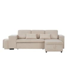 Image of 3 Seater Corner Sofa Bed w/ Pull Out Sofa Bed, Reversible Storage Chaise, Beige