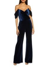 Image of TADASHI SHOJI Navy NEESHA Velvet Off the Shoulder Drape Pant Jumpsuit Gown M 8
