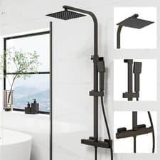 Image of Bathroom Thermostatic Exposed Shower Mixer Twin head Large Square Bar Set Black