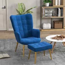 Image of Modern Armchair with Footstool, Upholstered Accent Chair with Ottoman, Steel Leg