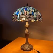 Image of Tiffany Blue Dragonfly Table Lamp 16 inch Style HandCrafted Stained Glass Shade.
