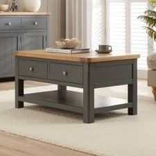 Image of Coffee Table with Shelf Marbury Slate Grey Painted 2 Drawer Oak Top Furniture