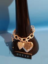 Image of New Guess Silvertone Logo Heart Crystals Pave Charm Bracelet Valentines Love