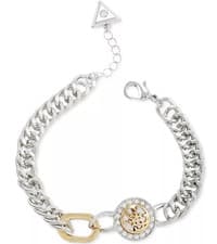 Image of Guess Two-Tone Pave Quatro G Logo Curb Chain Link Bracelet New with Tags