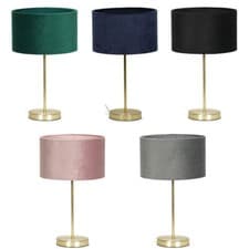 Image of Gold Table Lamp Metal Stem Velvet Lampshade Bedside Living Room Light LED Bulb