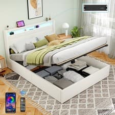 Image of NEW OTTOMAN STORAGE UPHOLSTERED BED FRAME 4FT6 DOUBLE WITH USB PORT & LED LIGHT