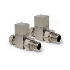 Image of Square Brushed Nickel Straight Radiator Valves Pair Modern TRV Heating