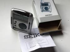 Image of Boxed Unused Folding Seiko Travel Alarm Clock Silver Digital LCD