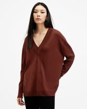 Image of AllSaints Women's Brown V-Neck Wool Pullover Jumper Relaxed Fit UK Size XS