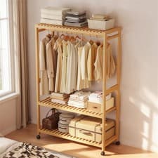 Image of Heavy Duty Clothes Rack Home Retail Rail Open Wardrobe Bamboo Wood Rolling Stand