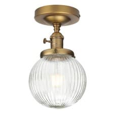 Image of Industrial Loft Round Ribbed Glass Pendant Ceiling Light Semi Flush Mount Lamp