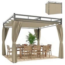 Image of Outsunny 3 x 3 m Garden Pergola with Retractable Canopy, Curtains, Khaki