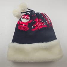 Image of Santa Fair Isle Knit Beanie Hat Black Red Faux Fur Cuff Double Pom One Size