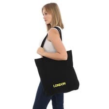 Image of Black Cotton Tote Bag | Large Shoulder Bag with London Print | Eco-Friendly