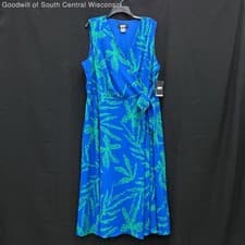 Image of NWT Wmns DKNY Blue & Green Leaf Print Faux Wrap Sleeveless Summer Maxi Dress 20