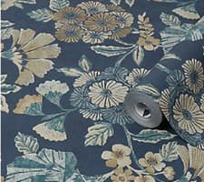 Image of Navy Floral Wallpaper Boutique Metallic Effect Textured Vinyl Graham Brown