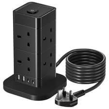 Image of 12 Way Tower 3m Extension Lead Surge Protected 1080J – 8 UK Plug, 4 USB A and C