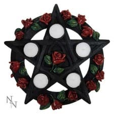 Image of GOTHIC PAGAN LARGE PENTAGRAM & RED ROSES TEA LIGHT HOLDER, 29.5cm, BN, (NEM5185)