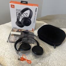 Image of JBL Tune 570BT Black Pure Bass Wireless Bluetooth Headphones, charger and Case