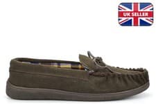 Image of Mens Real Suede Moccasin Slippers Genuine Leather Moccasins Rubber Sole Brown