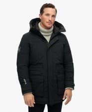 Image of Superdry Mens City Padded Hooded Parka Jacket, Longline Black grey Quilted