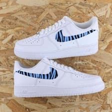 Image of Air Force 1 Low Custom White Shoes Uni Blue Safari Zebra Black Stripe Swooshes