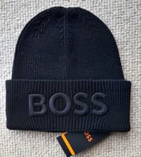 Image of Genuine HUGO BOSS Jet Black 10% Wool Embroidered Logo BEANIE 50476440
