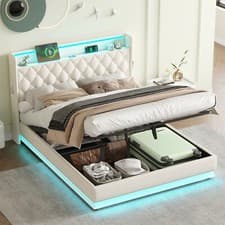 Image of King Size Ottoman Bed Frame with Hydraulic Storage, Charging Station, LED Lights