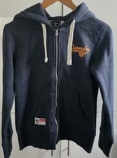 Image of Superdry Blue Jersey Hoodie Zipped Jacket Orange Printed Logo Size 8 BNWOT