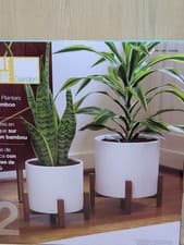 Image of Inside Outside Ceramic Plant Pots with Bamboo Stands Set of 2 Planters