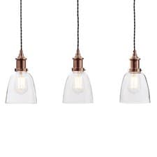 Image of Litecraft Ceiling Pendant Bar Industrial Glass Shaded 3 Light - Copper, Clear
