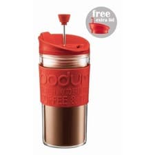 Image of BODUM TRAVEL PRESS SET COFFEE MAKER WITH EXTRA LID, 0.35 L, 12 OZ - RED