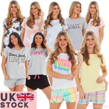 Image of Ladies Jersey Pyjama Sets Summer Tops and Shorts Cotton Nightwear PJs Set Shorty