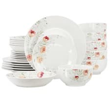 Image of Elama Poppy 24 Piece Porcelain Double Bowl Dinnerware Set, Service for 6