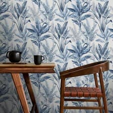 Image of Akari Madagascar Banana Leaf Wallpaper Tropical Rasch Olive Blue 282893