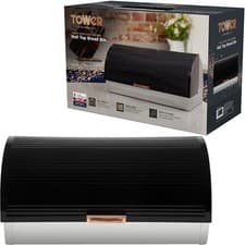 Image of Tower T826000RB Linear Roll Top Bread Bin Black & Rose Gold Stainless Steel