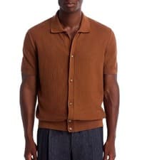 Image of Hugo Boss Men's BOSS Iseppo Button Front Textured SS Sweater Shirt Dark Brown