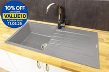 Image of Reginox Harlem10 Kitchen Sink Single Bowl Silver Grey Granite Reversible Inset