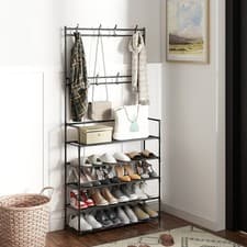 Image of 5Tiers 8 Hooks Shelves Metal Coat Rack Stand with Shoe Storage Hallway Furniture