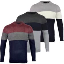 Image of Mens Quality Crew Neck Panel Colour Block Knit Jumper Knitted Winter Top M-XXL