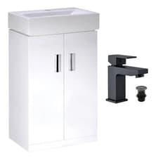 Image of 450mm Gloss White 2 Door Vanity Basin Sink Unit & Matt Black Form Tap & Waste