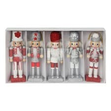 Image of Set of 5 Nutcracker Hanging Christmas Tree Decorations silver & red