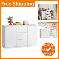Image of Modern 3-Drawer White Storage Cabinet with 2 Door Shelves - Easy Assembly