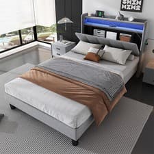 Image of Upholstered Platform Bed 3ft Single Bed Frame with LED Storage Headboard Grey